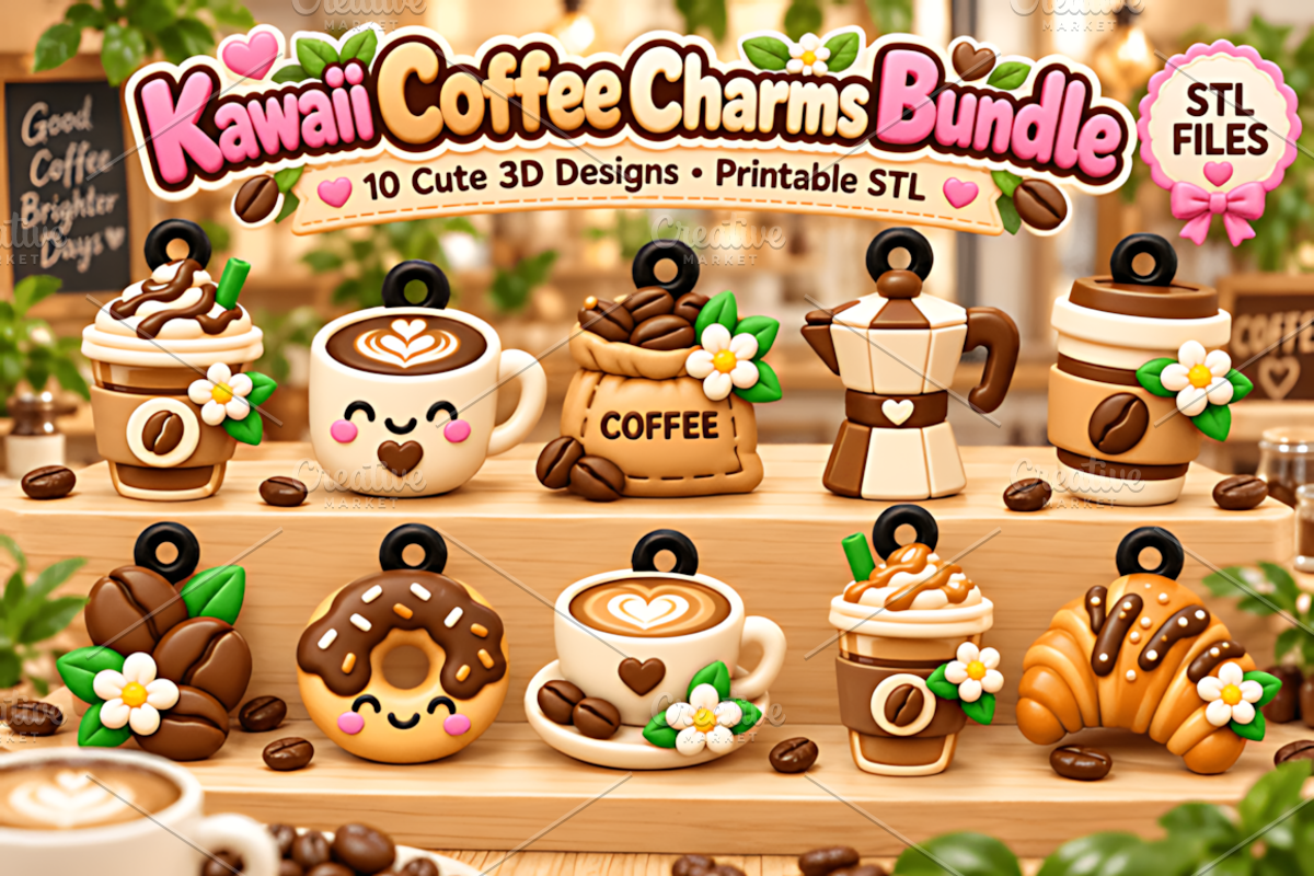 Kawaii Coffee Charms STL 3D Print, a Characters & Person 3D Model by ...
