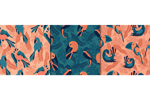 Birds In Jungle Seamless Pattern