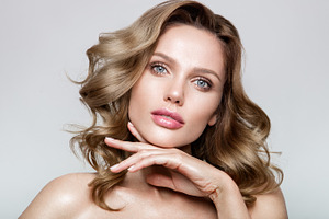 Beauty portrait of model with natural makeup featuring background, woman, and