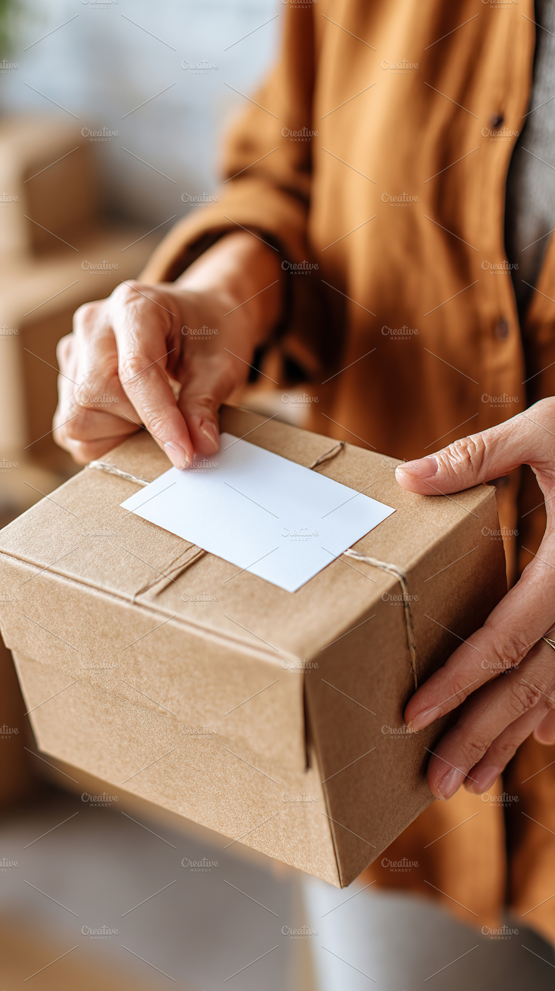 Person holding a small cardboard box with a blank label ready for delivery, a Photo by AlyaAnd