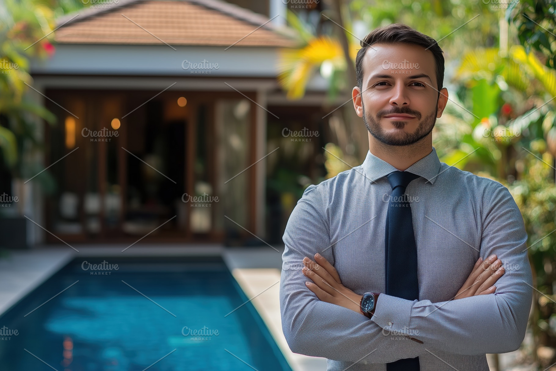A confident realtor man in a gray dress shirt and tie stands with arms crossed, a Person Photo by Textures & Backgrounds
