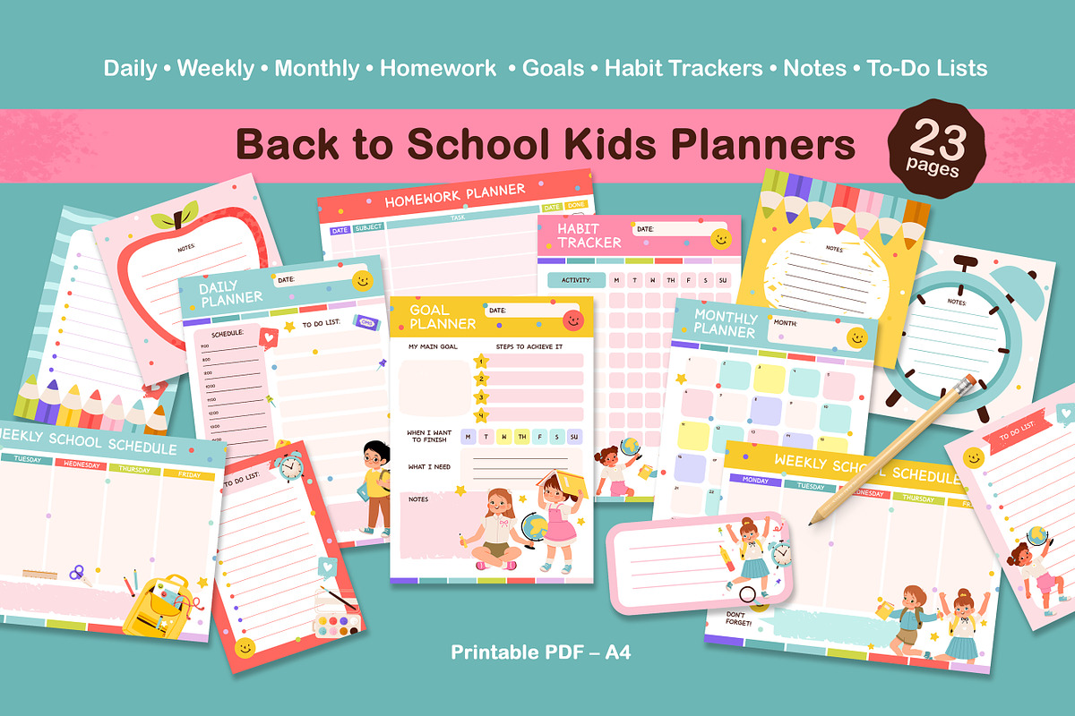School Planner Set for Kids, a Stationery Template by vik.stock (Photo 1 of 9)