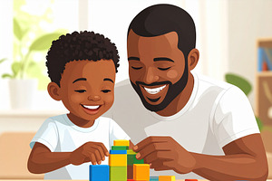 Child building with blocks under supervision of a smiling adult, an Education Illustration by DanFLCreativo