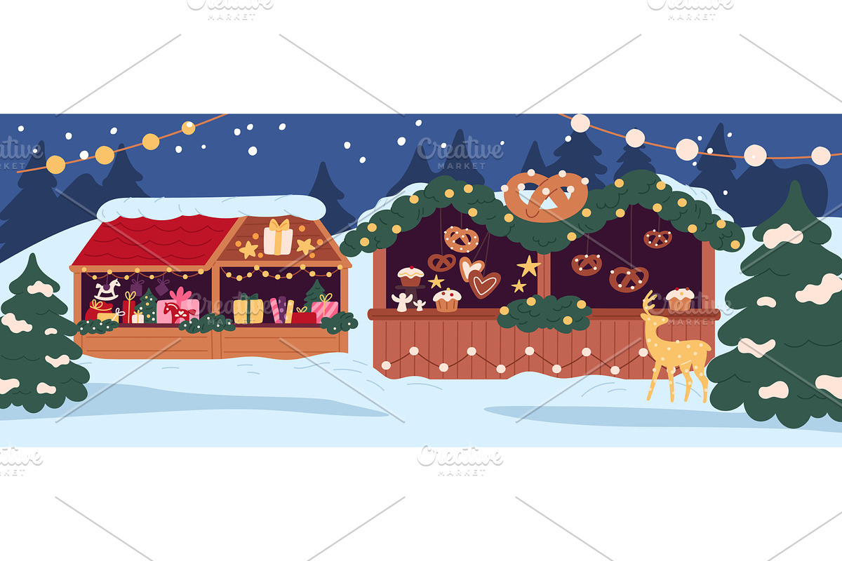 Snow covered Christmas shops and, an Illustration by Vectorbuum