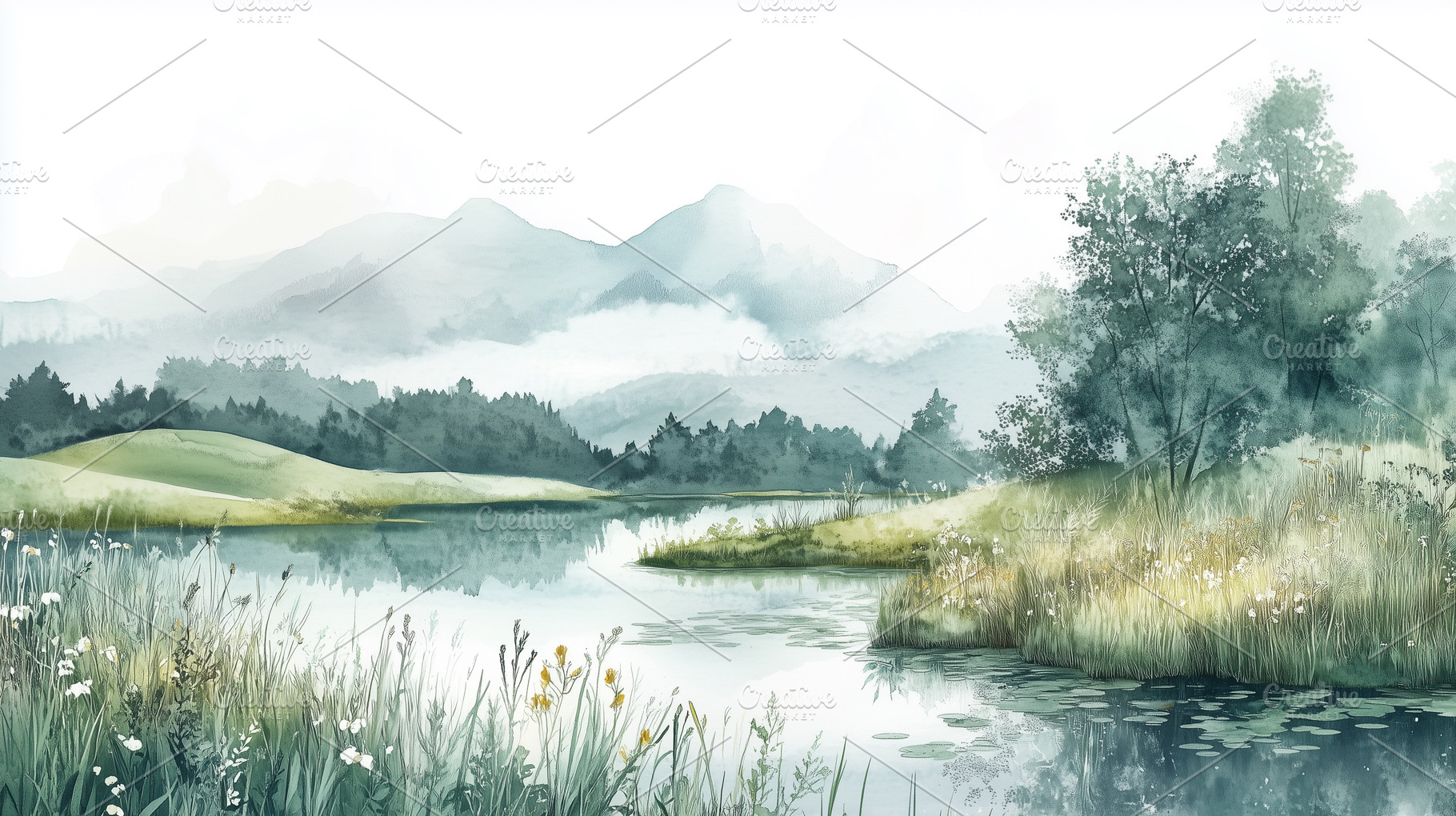 Watercolor river in misty mountains, a Nature Photo by MistyDay