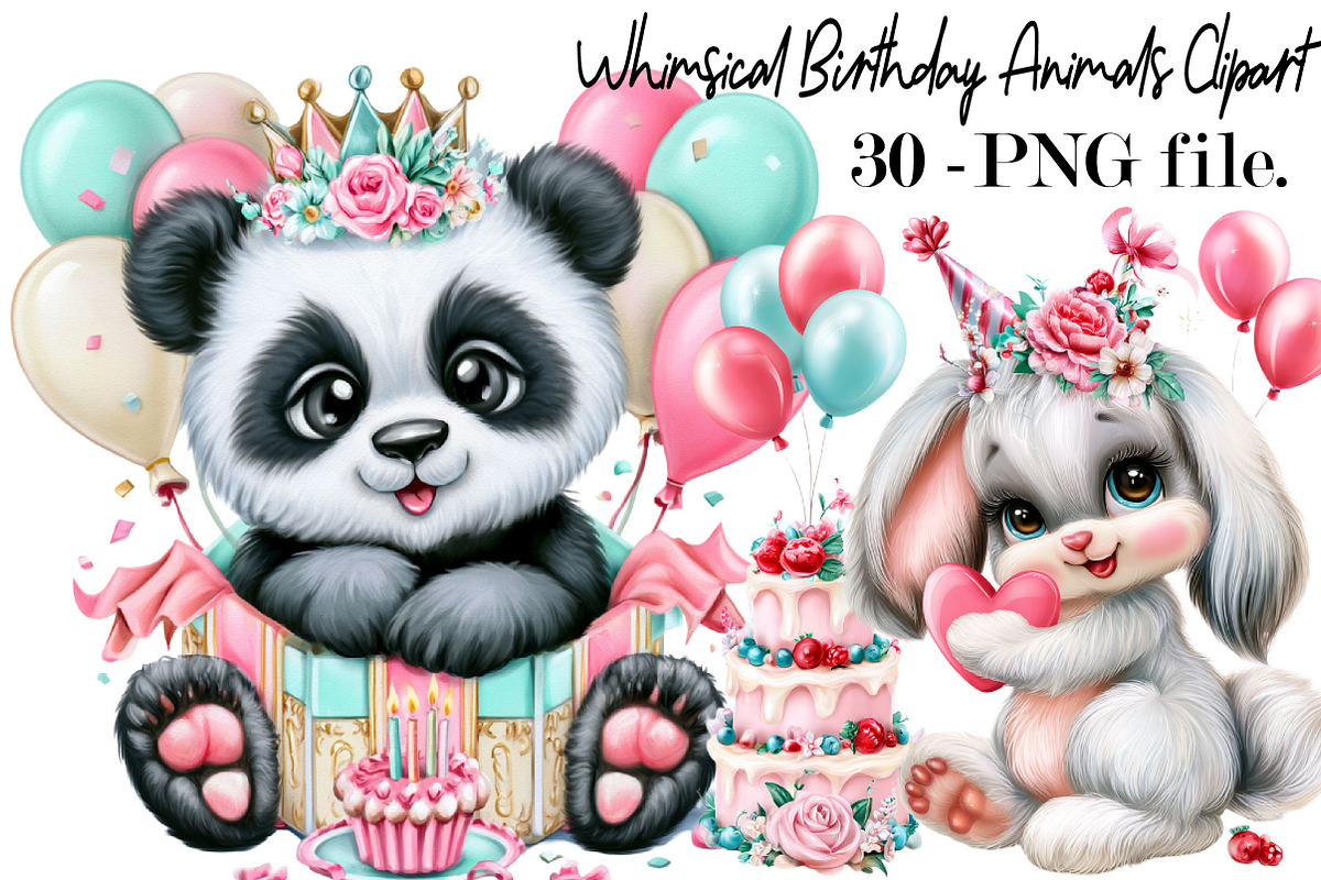 Whimsical Birthday Animals Clipart, a Seasonal Illustration by SVGArt (Photo 1 of 5)