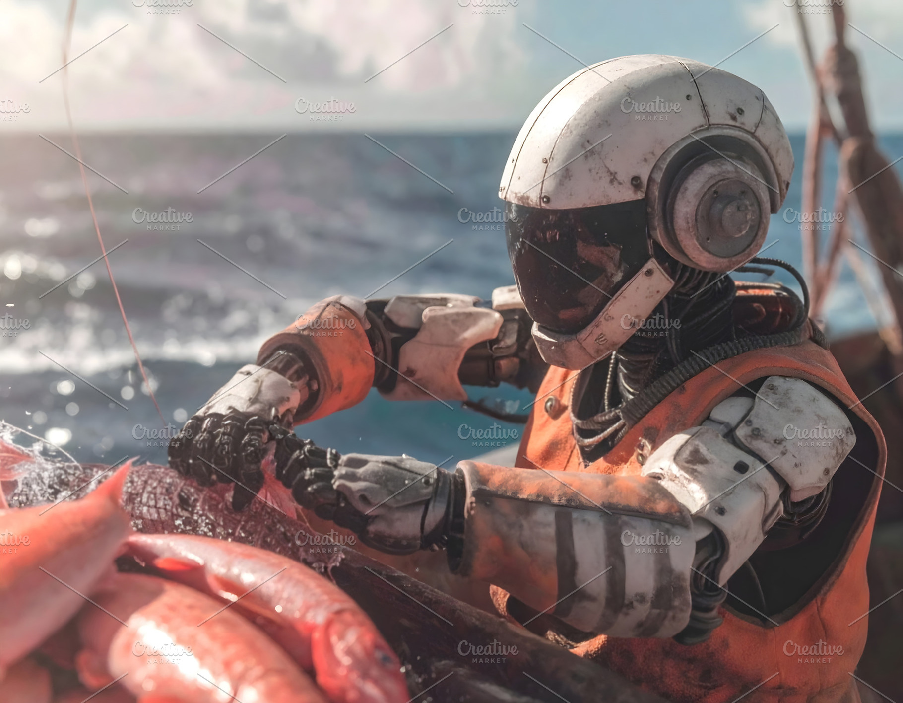 Fishing robot in vest sorting catch of red fish, a Technology Photo by GoodGoods