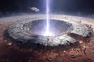 Spaceship approaching colossal ring, a Photo by Pixeness Studio