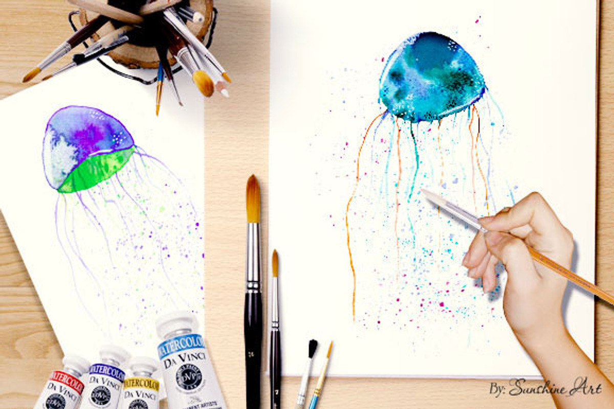 Set of Watercolor Jellyfish, a Decorative Illustration by Sunshine Art Shop (Photo 2 of 7)