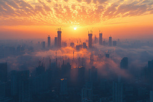 Construction skyline at sunset with, a Photo by Tanuart