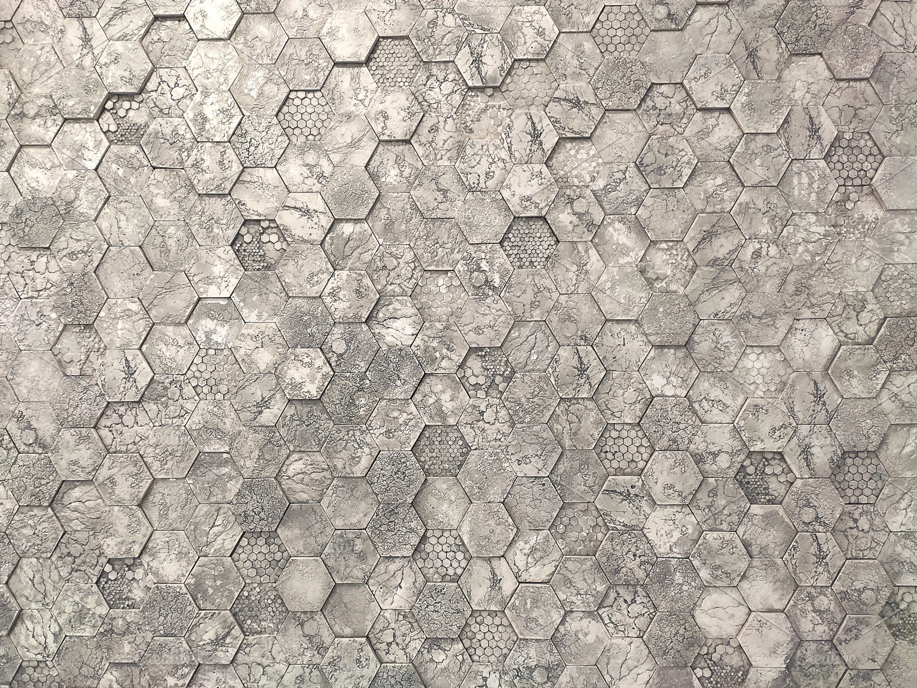 Grey hexagon marble tiles with white grout, Seamless interior decoration backgr, an Abstract Photo by Red Hot Chili Pepper Shop