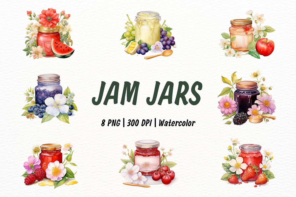 Watercolor Jam Jars with Flowers, a Food Illustration by New-School-Wave (Photo 1 of 5)