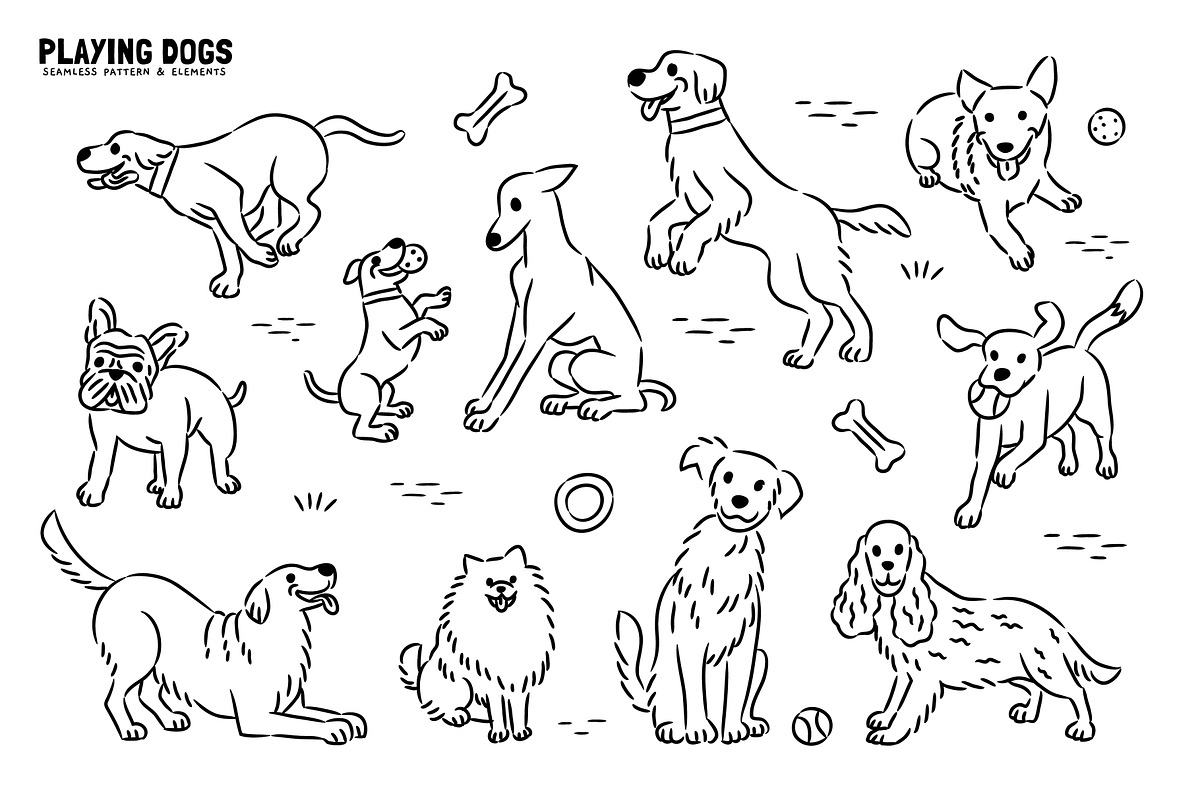 Playing Dogs Patterns & Elements, an Animal Illustration by monkik (Photo 3 of 12)