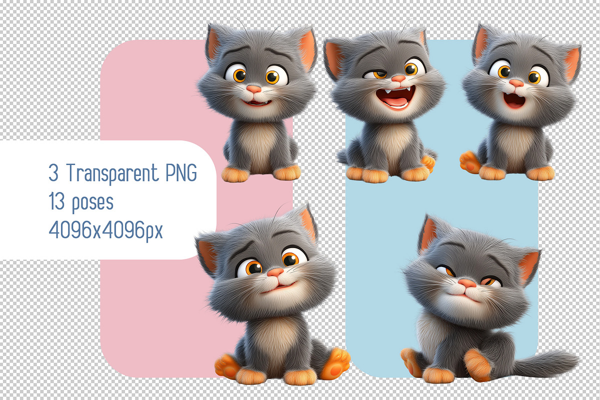 Set of 3d Fluffy Gray Kittens, an Animal Illustration by Ocean Digital Art (Photo 3 of 3)