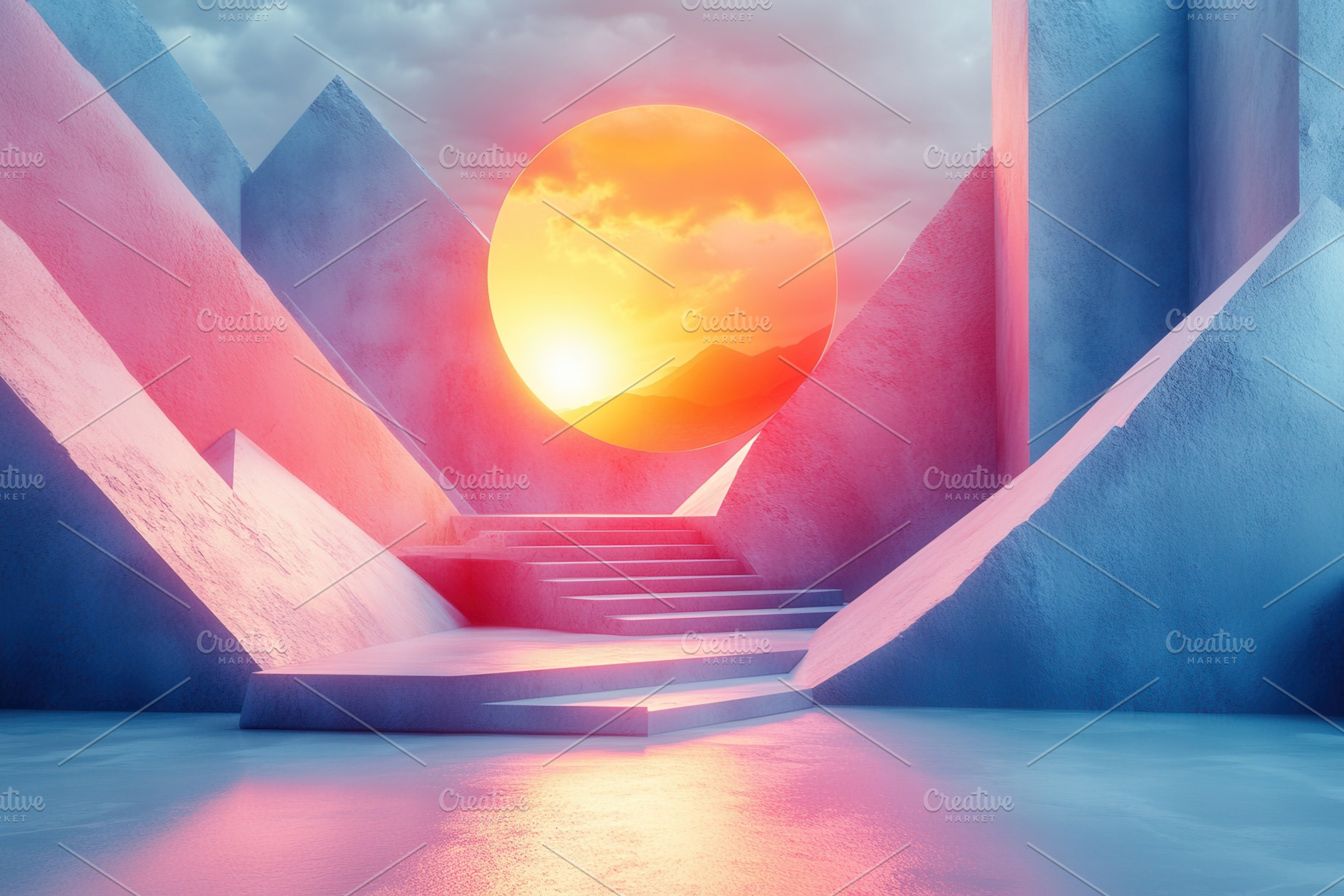 Surreal landscape with vibrant sun a, a Photo by Tanuart