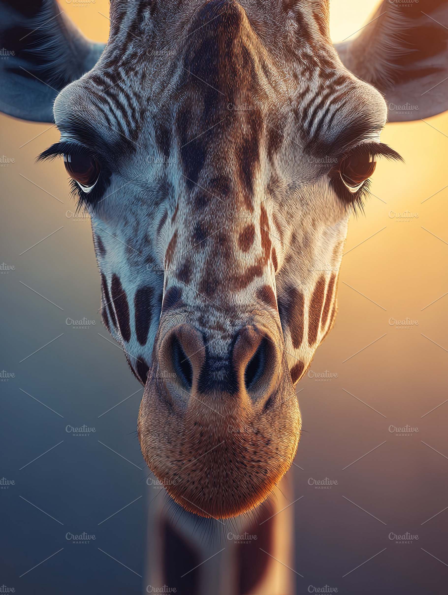Striking close-up portrait of a giraffe with soft sunset lightin, an Animal Photo by Ales Munt
