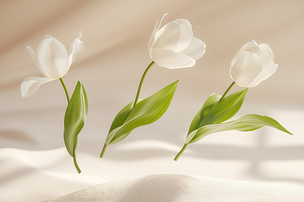 Elegant white tulips on fabric, a Nature Photo by Beautiful things