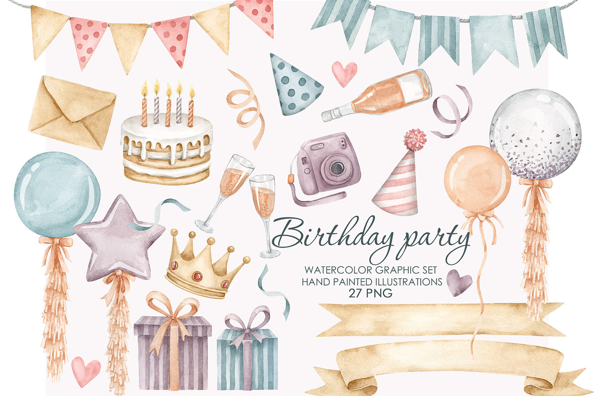 Watercolor Birthday Party Clipart, an Illustration by AquarelleSpace (Photo 1 of 4)