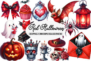 Watercolor Red Halloween Clipart, an Illustration by Daily.Designs