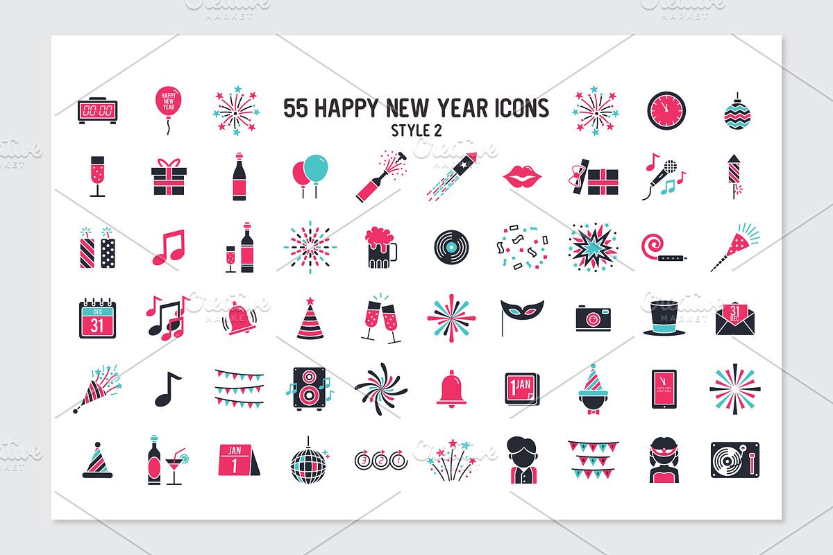 55 happy new year icons in 3 styles, an Outline Icon by LTNG STUDIO (Photo 4 of 6)
