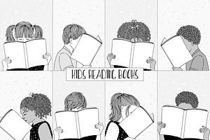 Kids Reading Books - Hand Drawn