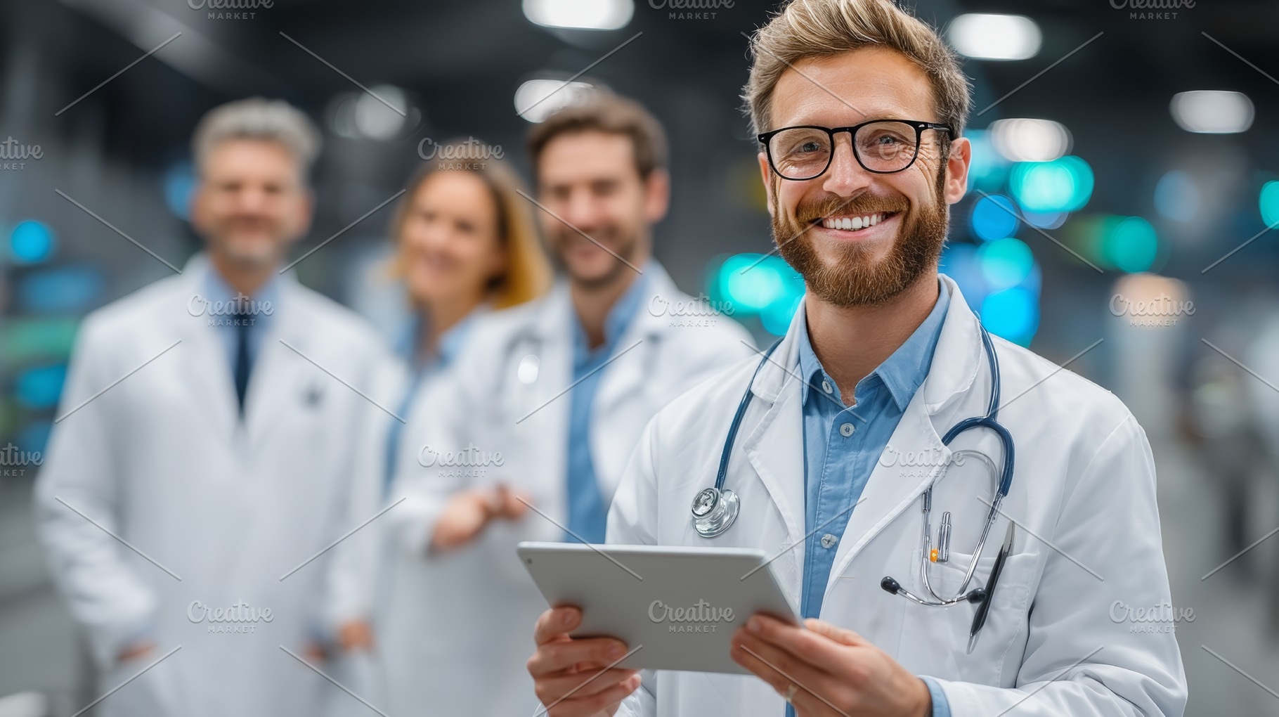 Smiling doctor with colleagues reviewing tablet in modern healthcare setting, a Health & Medical Photo by AS photostudio