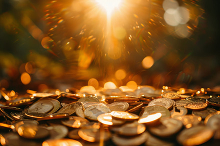 A pile of gold coins shines under th, a Photo by Iftikhar Alam