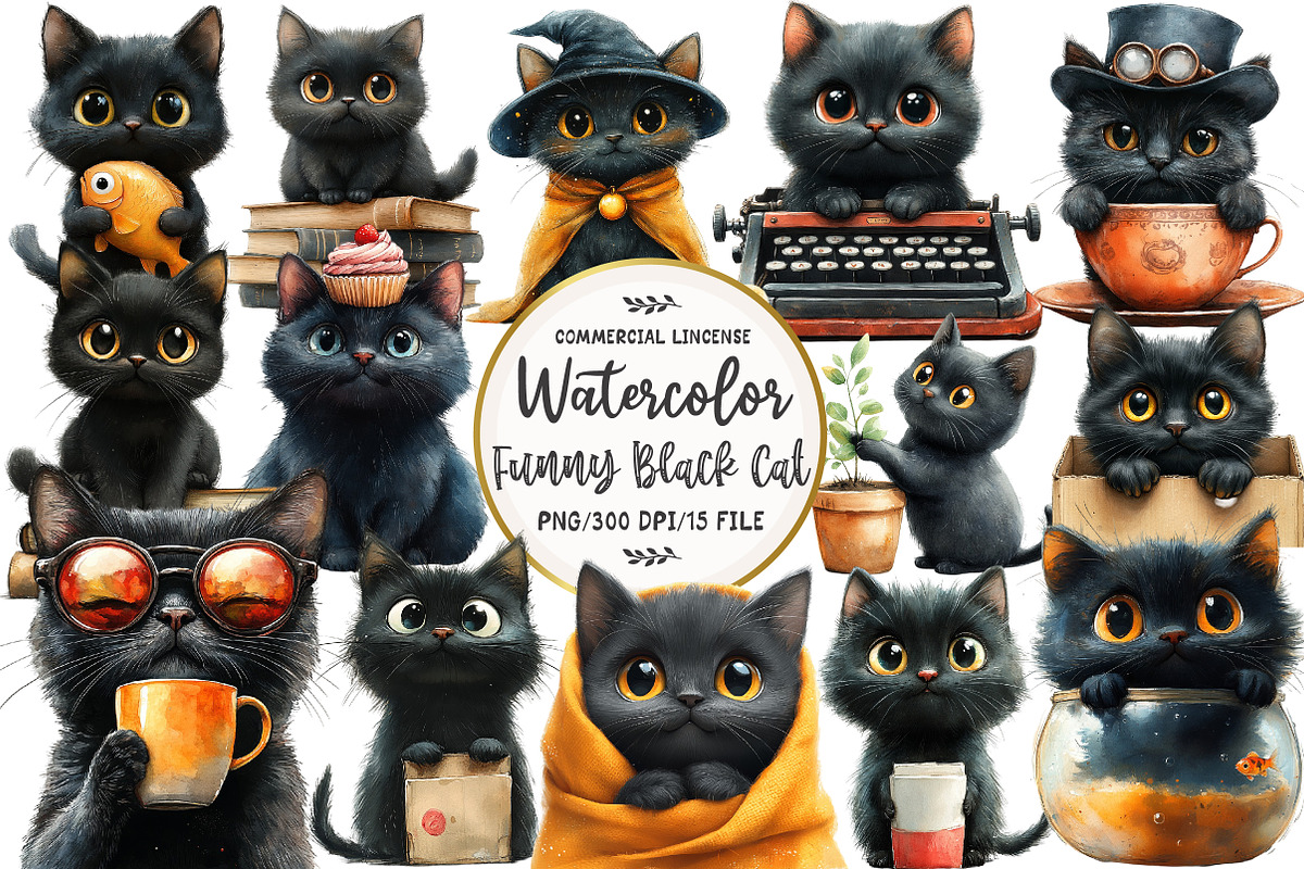Quirky Funny Black Cat Clipart, an Illustration by OK Design (Photo 1 of 4)