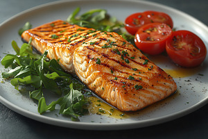 Grilled salmon with fresh greens and, a Photo by Tanuart