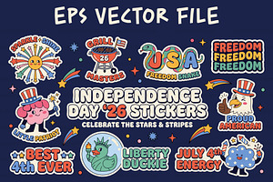 4th of July Retro Sticker Set Pack, an Object Graphic by NH graphic