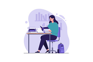 A young woman studying at a desk sur, an Illustration by designvectx
