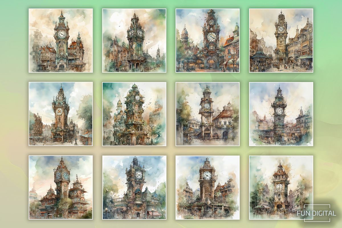 Watercolor Magical Clock Tower, a Background Graphic by Fun Digital (Photo 3 of 3)