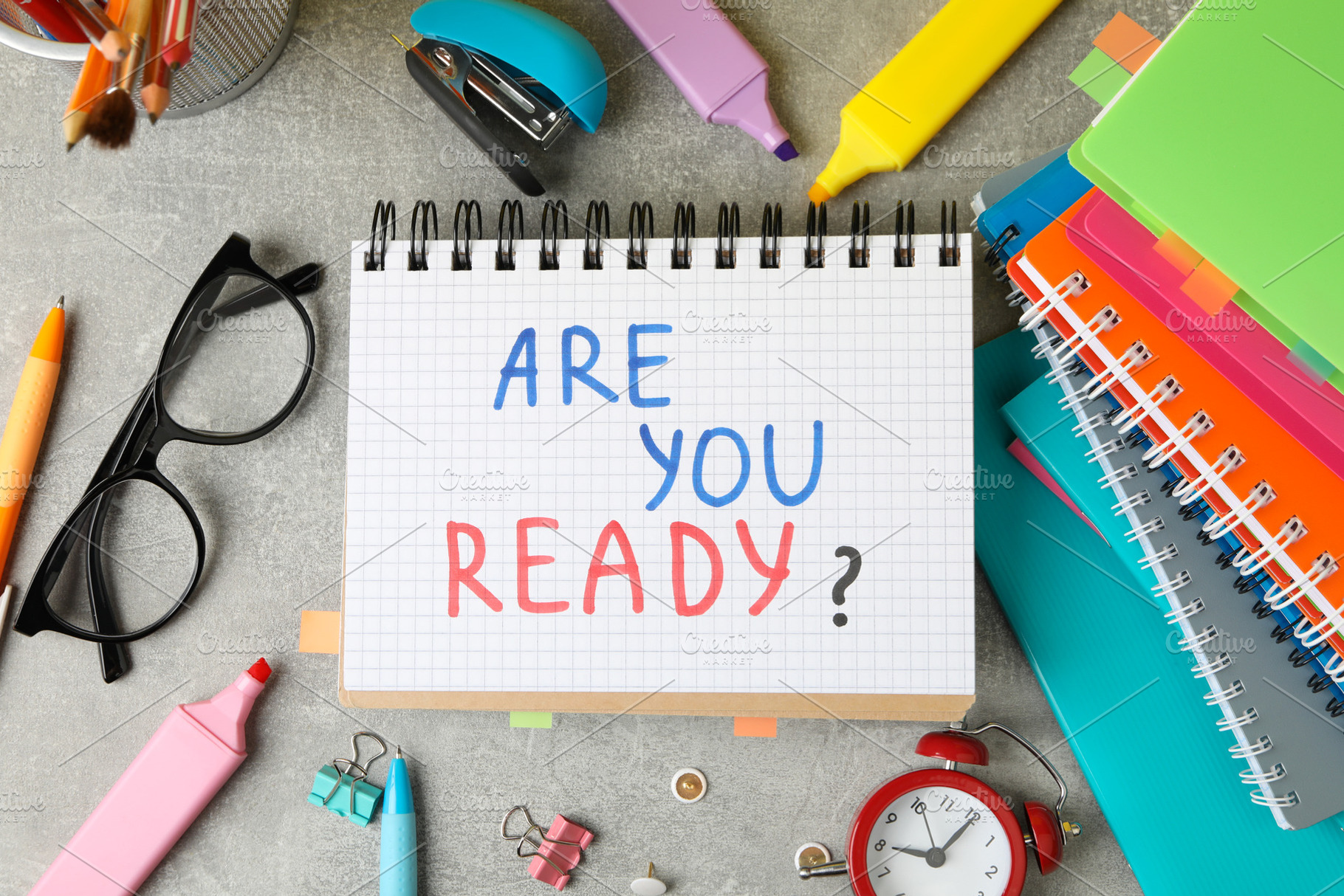 Inscription Are you ready? and different stationary on grey back, a School & Education Photo by AtlasStudio PRO