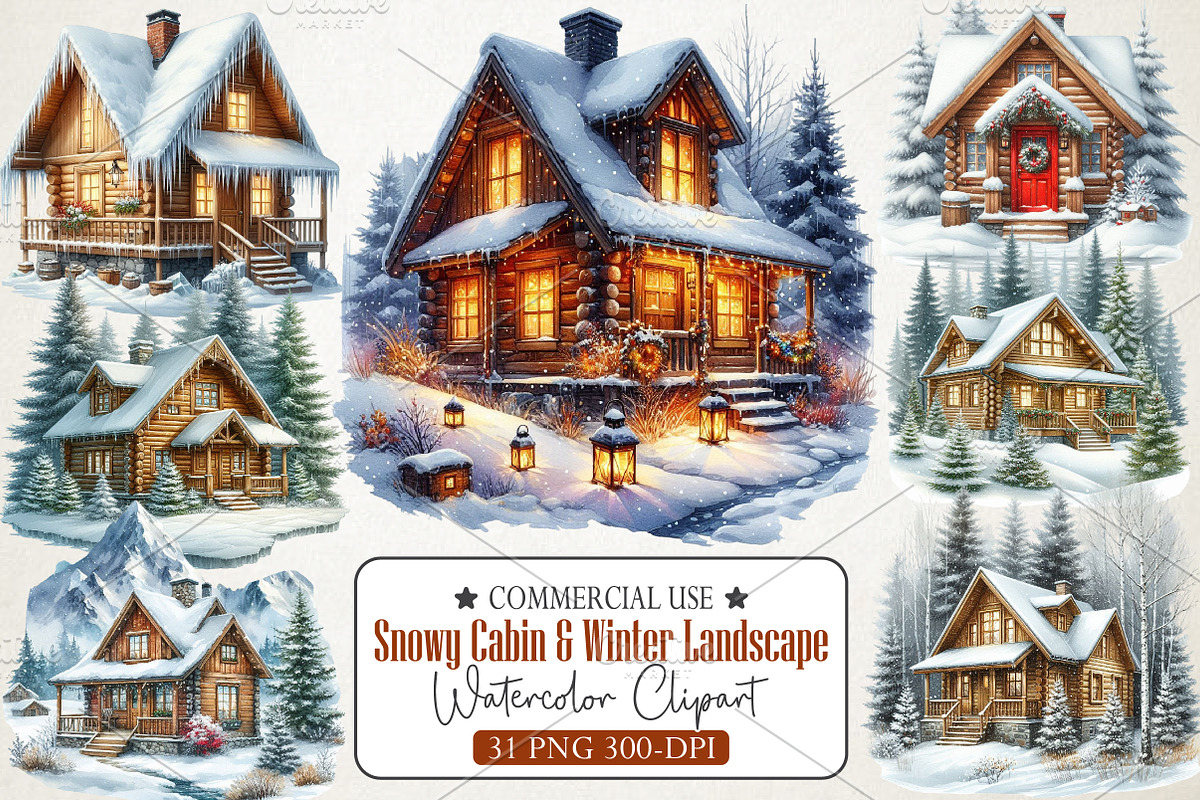 Snowy Cabin & Winter Landscape Png, an Illustration by RobertsArt (Photo 1 of 4)