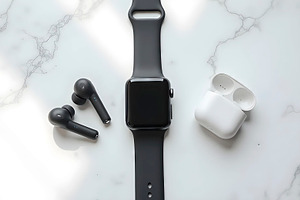 Smartwatch and Earbuds on Marble Sur, a Photo by LOGOCREATIVE