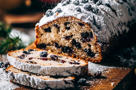 Traditional Christmas stollen fruit cake with christmas decoration background, a Food & Drink Photo by etorres69