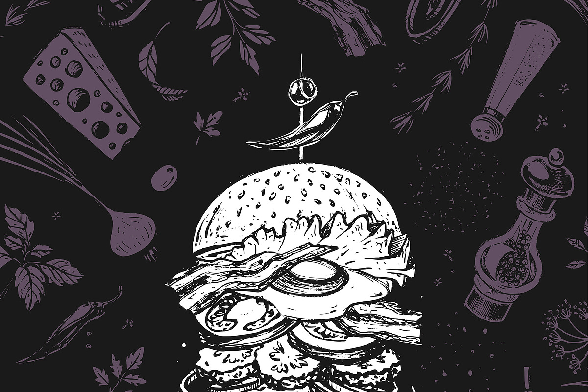 Burger menu. Hand-drawn. Chalk style, a Decorative Illustration by Margo Miller (Photo 14 of 15)