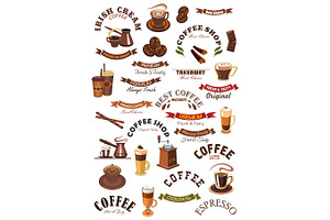 Coffee Shop Vector Emblems, Ribbons Set