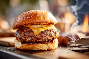 Juicy cheeseburger with melted cheese on toasted bun, a Food & Drink Photo by AlyaAnd