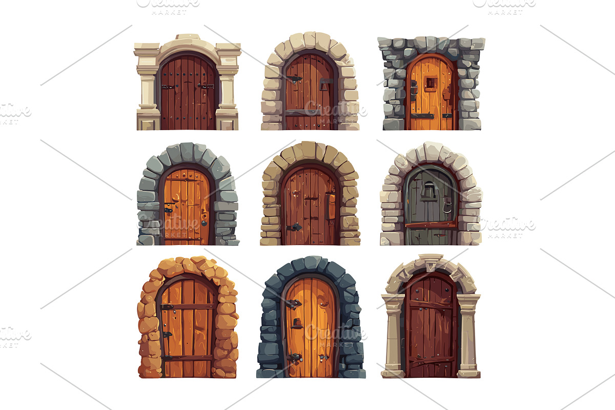 Medieval doors cartoon vector set, an Object Illustration by Onyx