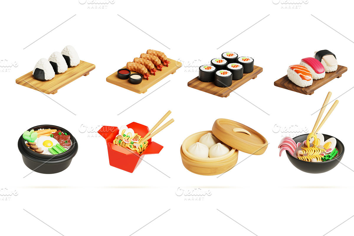 Korean food with bibimbap and ramen, a Food Illustration by Marozhkastudio
