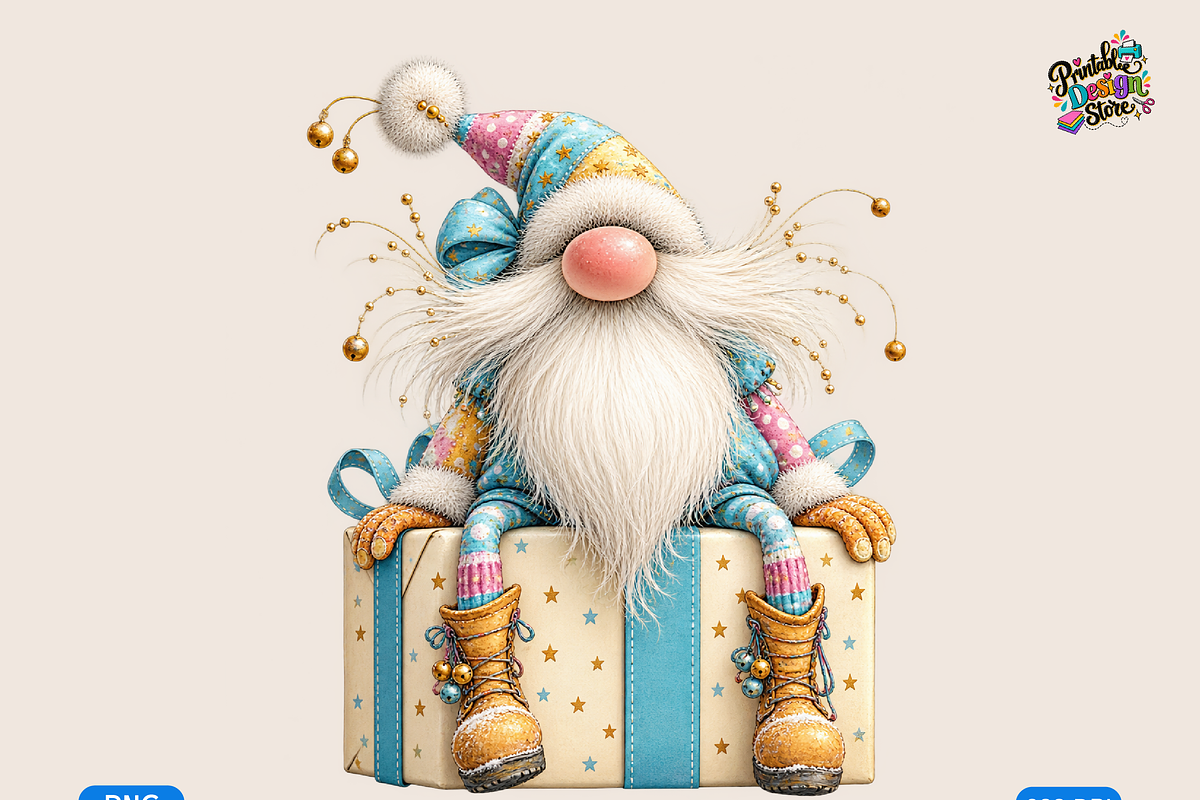 Whimsical Holiday Gnome on Gift, a Seasonal Illustration by Printable Design Store (Photo 1 of 3)