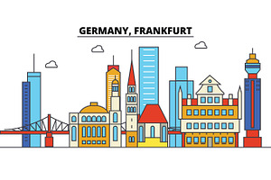 Germany, Frankfurt. City Skyline: Architecture, Buildings, Streets, Silhouette, Landscape, Panorama, Landmarks. Editable Strokes. Flat Design Line Vec