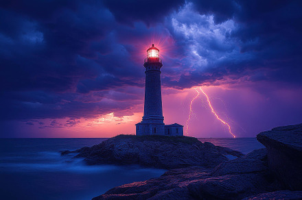 Dramatic lighthouse with lightning s, a Photo by Tanuart