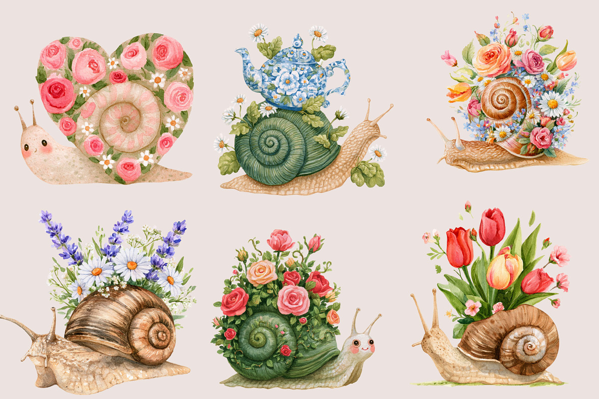 Cute Whimsical Snail Flower Clipart, a Seasonal Illustration by SVGArt (Photo 1 of 5)