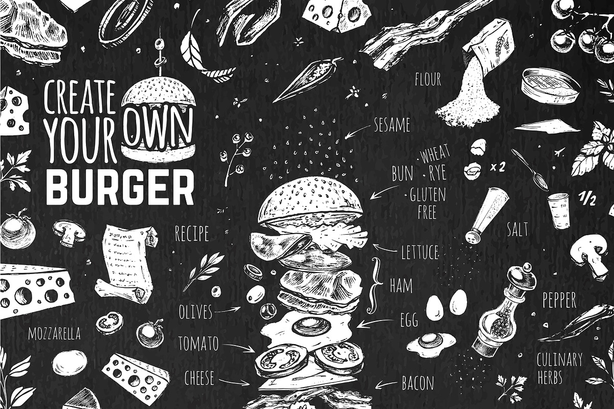Burger menu. Hand-drawn. Chalk style, a Decorative Illustration by Margo Miller (Photo 7 of 15)