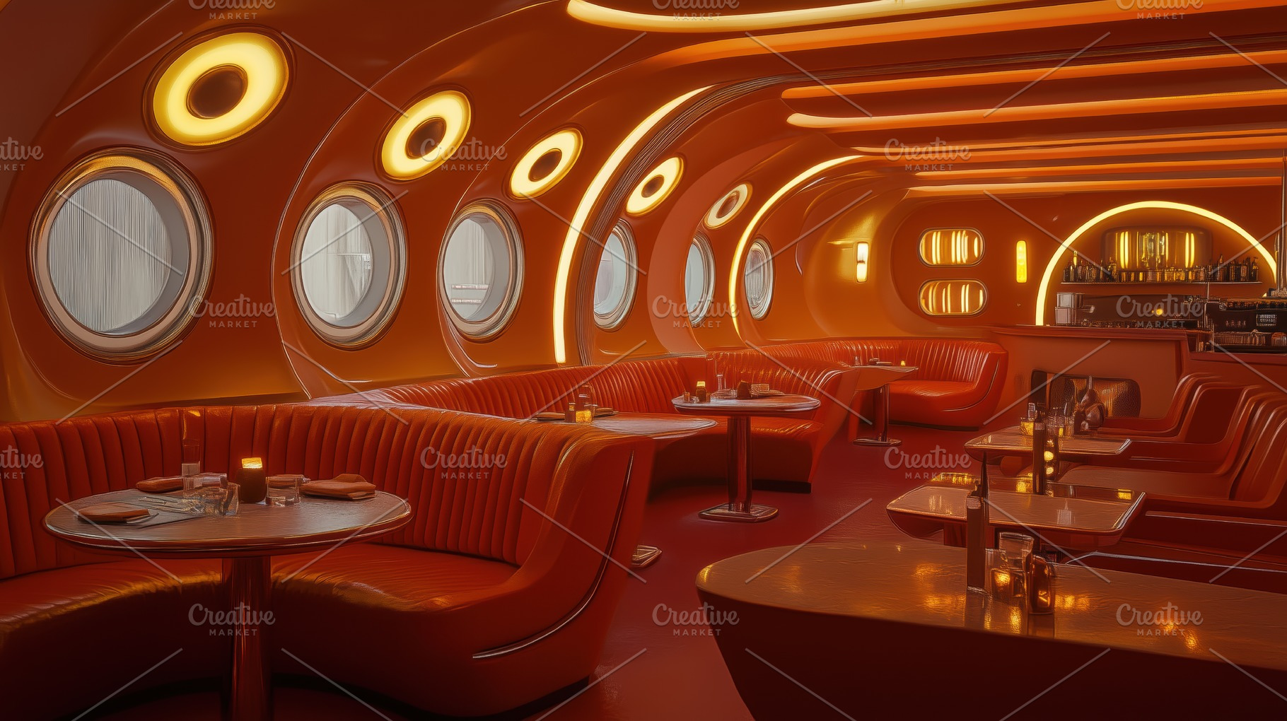 A modern, futuristic restaurant interior featuring orange walls and circular wi, an Arts & Entertainment Photo by Textures & Backgrounds