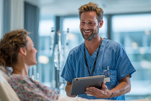 Happy Doctor Shows Tablet to Patient, a Photo by Pixeness Studio