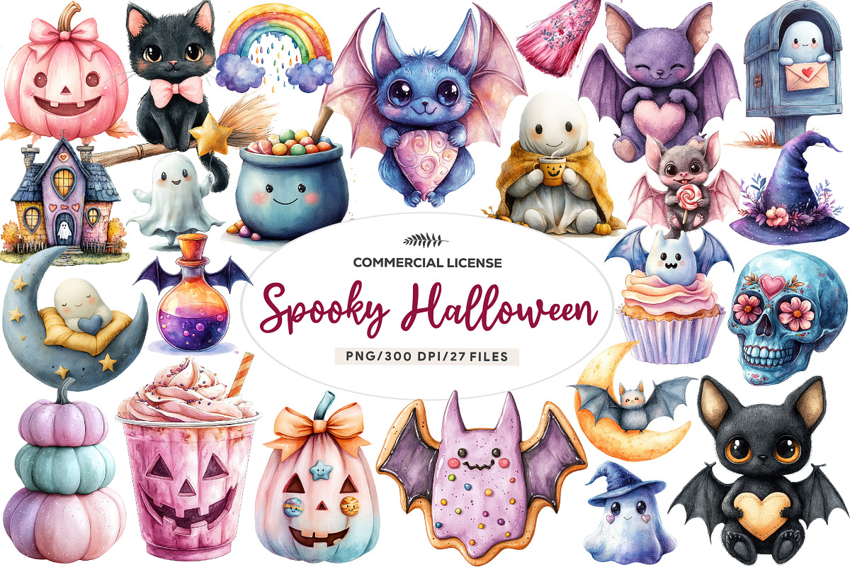 Cute Pastel Spooky Halloween Clipart, an Illustration by CreationArt (Photo 1 of 5)