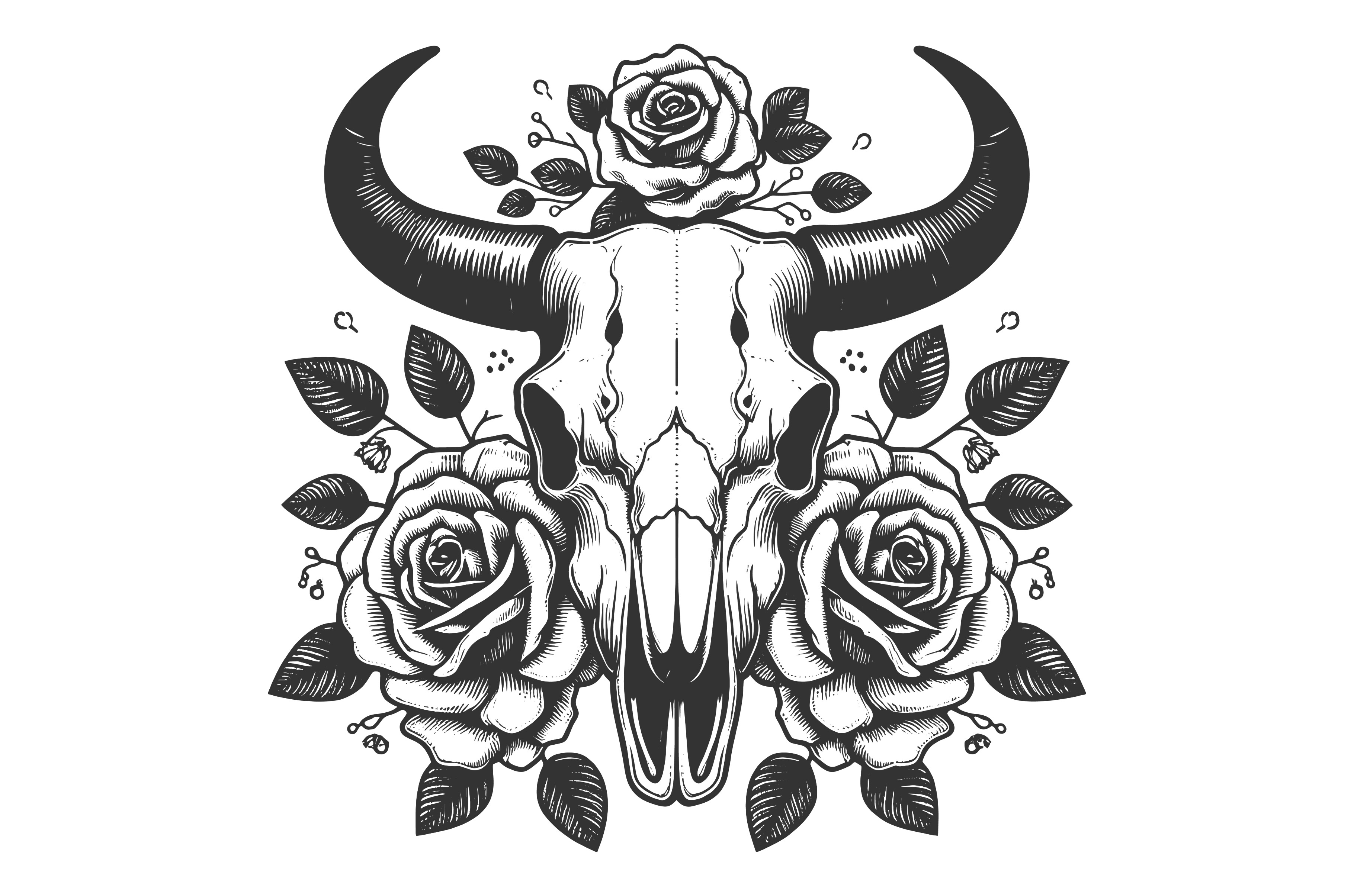 Bull Skull with Roses Tattoo Style, an Animal Illustration by AlexArt